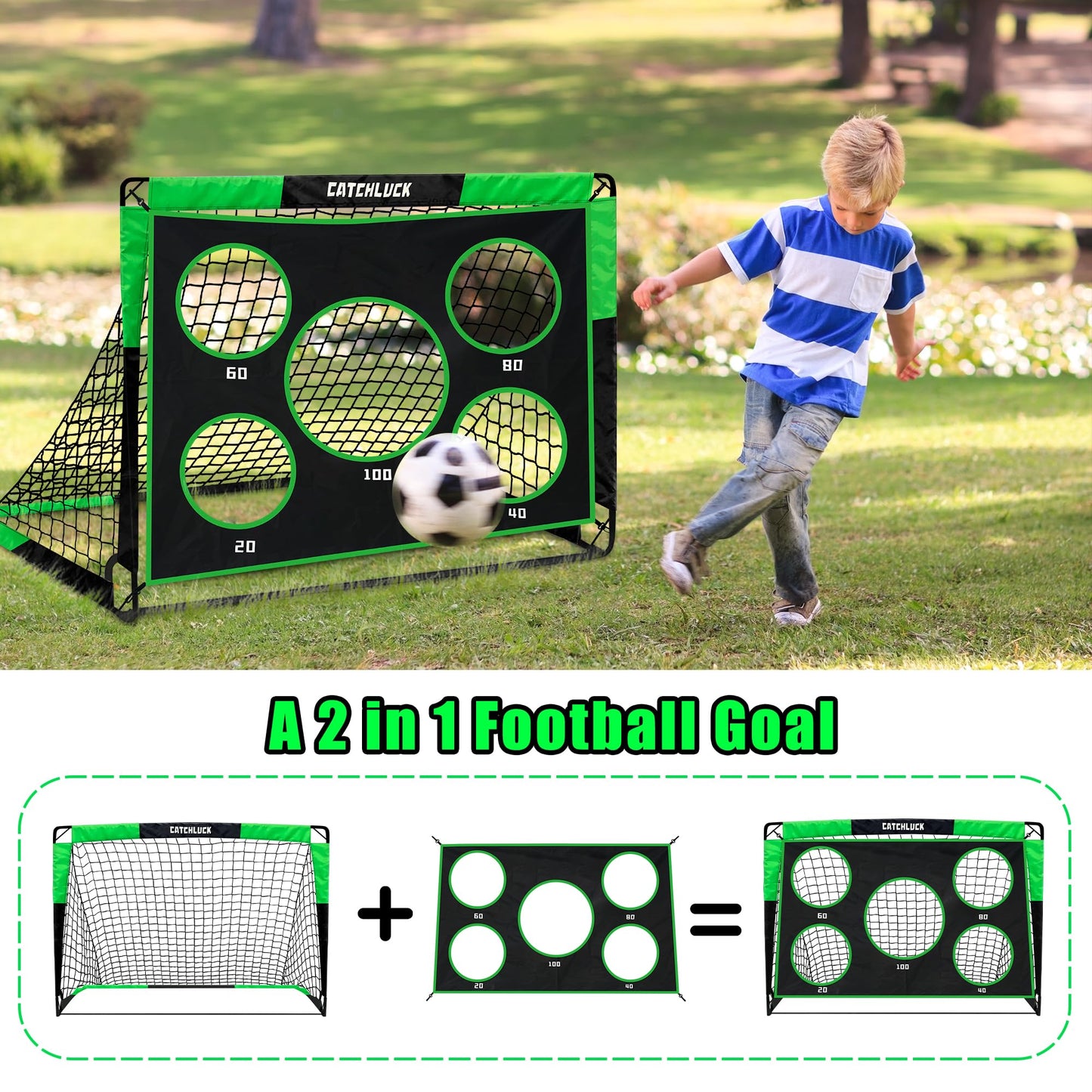 CATCHLUCK Football Goal Pop Up Football Net 2 In 1 Foldable Kids Goal for the Garden Portable Net Indoor Outdoor Training Equipment with Carry Bag,