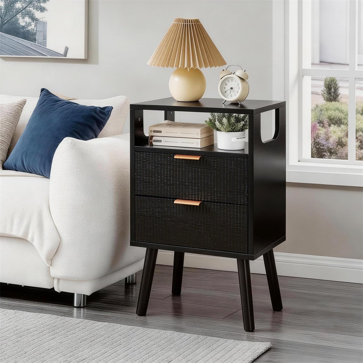 Aibiju Nightstand, Mid Century Modern Bedside Table with 2 Storage Drawers, Open Compartment, Solid Wood Legs, 3-Tier Night Table for Bedrooms