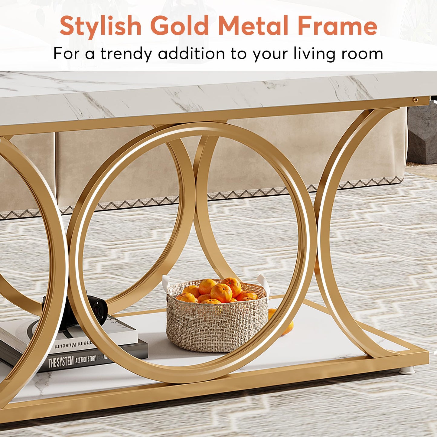 LITTLE TREE White Rectangle Coffee Table, 47 Inches Modern Coffee Tables for Living Room, 2-Tier Faux Marble Wood Coffee Table with Storage