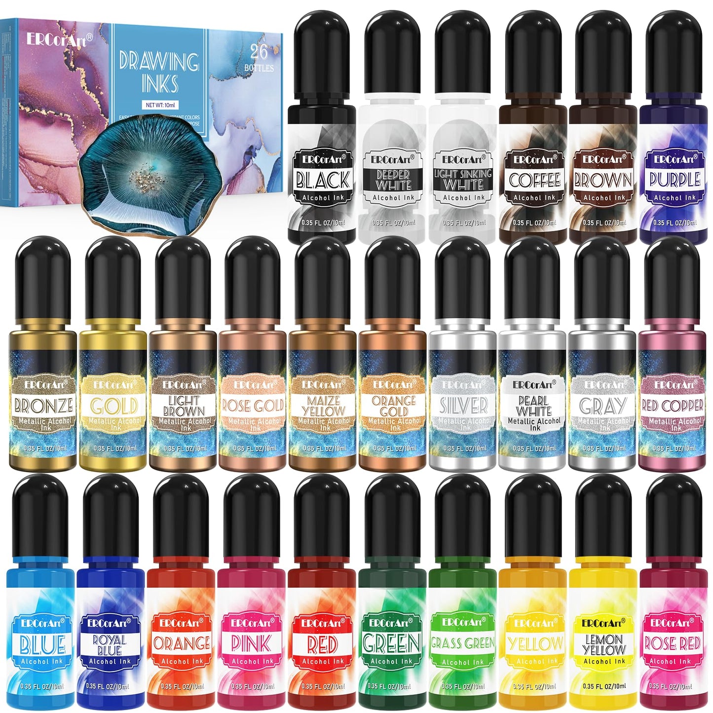 Alcohol Ink Set - ERCorArt 26 Vibrant & Concentrated Colours, Alcohol Inks for Resin, Art Painting, Resin Petri Dish Making, Tumbler Making - 10