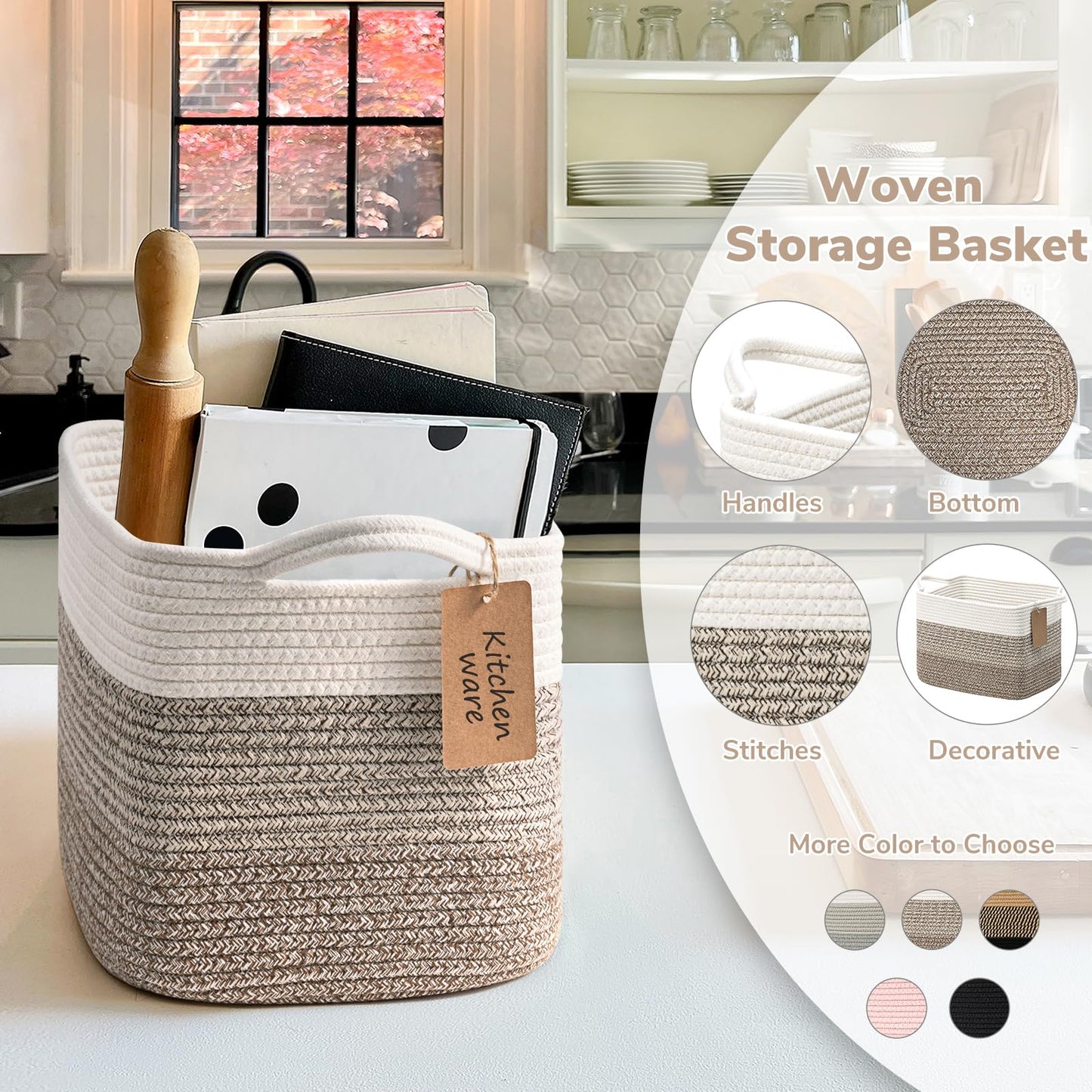 TIMEYARD 3 Pack Storage Baskets for Shelves Rope Woven Basket White Brown