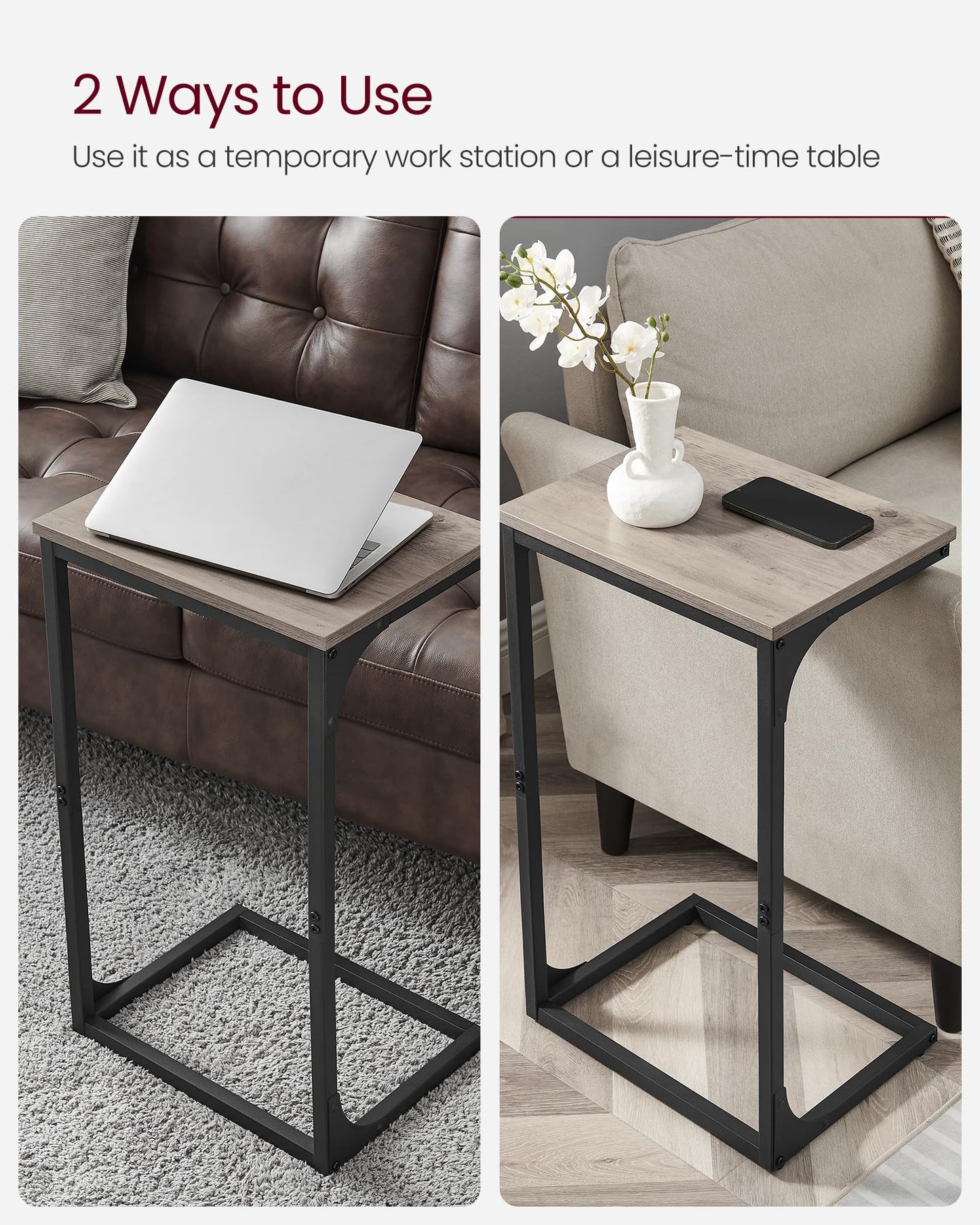 VASAGLE C-Shaped Side Table, Bedside Table, Sofa Side Table, with Metal Frame, Industrial, for Living Room, Bedroom, Heather Greige and Black