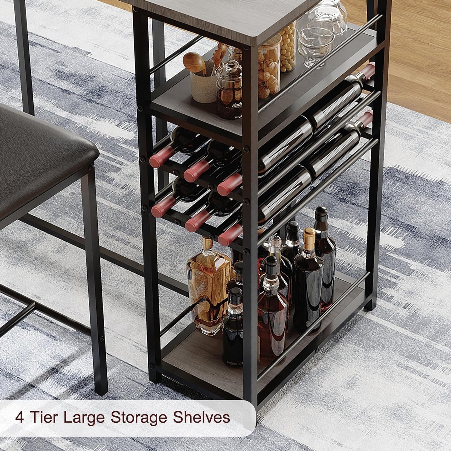 Techigher Bar Table Set, Dining Tables with 2 Upholstered Chairs, 3 Piece Counter Height Kitchen Table Set with 2-Tier Storage Shelves & 2 Wine Racks