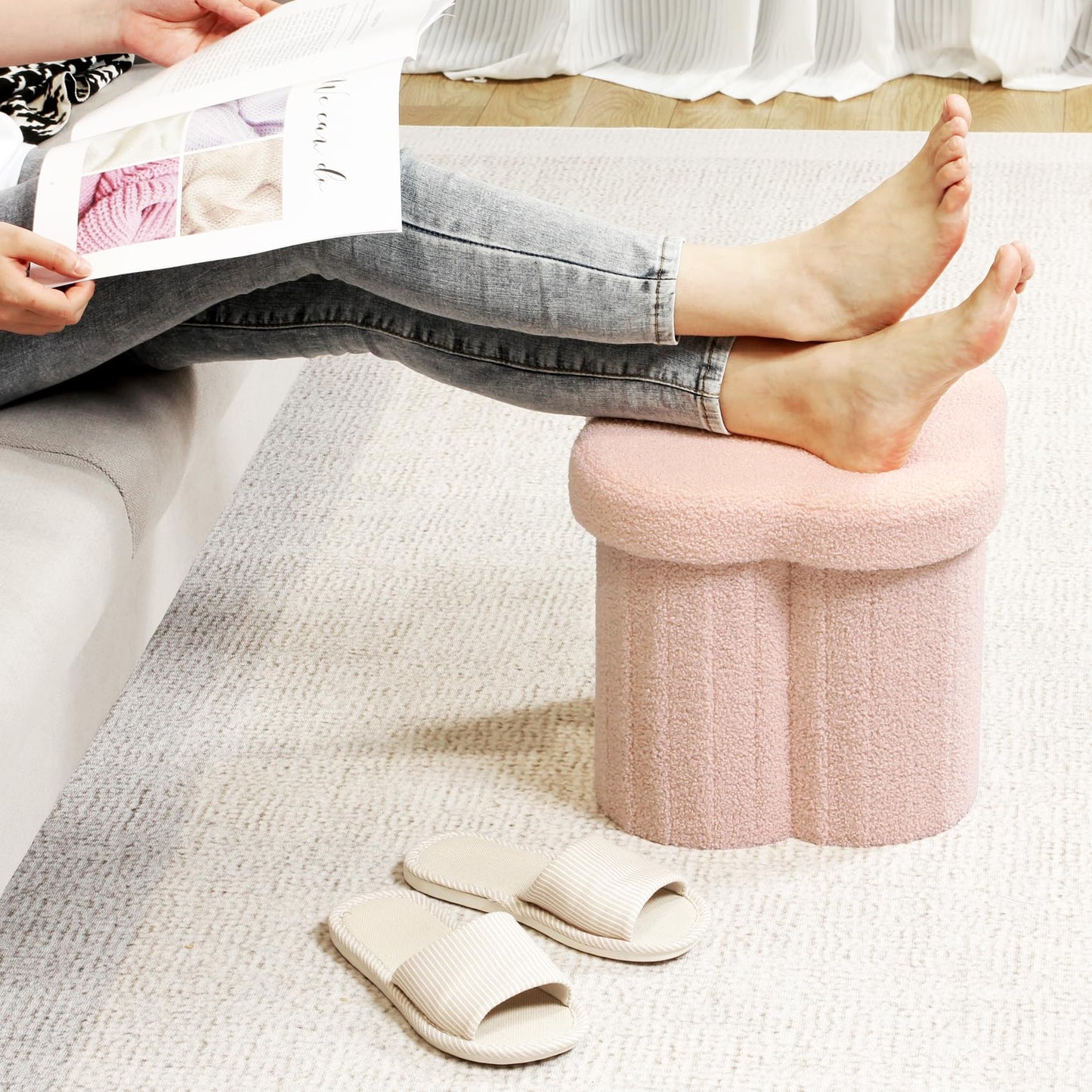 Bonlife Pink Ottoman Storage Box,Folding Storage Seat Box,Small Footstool For Living Room,Kid's Toy Chest Box,Teddy Flower Shape,32x32x32cm