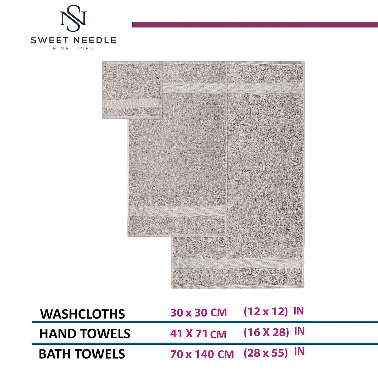 SweetNeedle 6 Piece Towel Set - 2 Bath Towels, 2 Hand Towels and 2 Washcloths Cotton Daily Use Hotel Spa Quality Soft Highly Absorbent Quick Dry