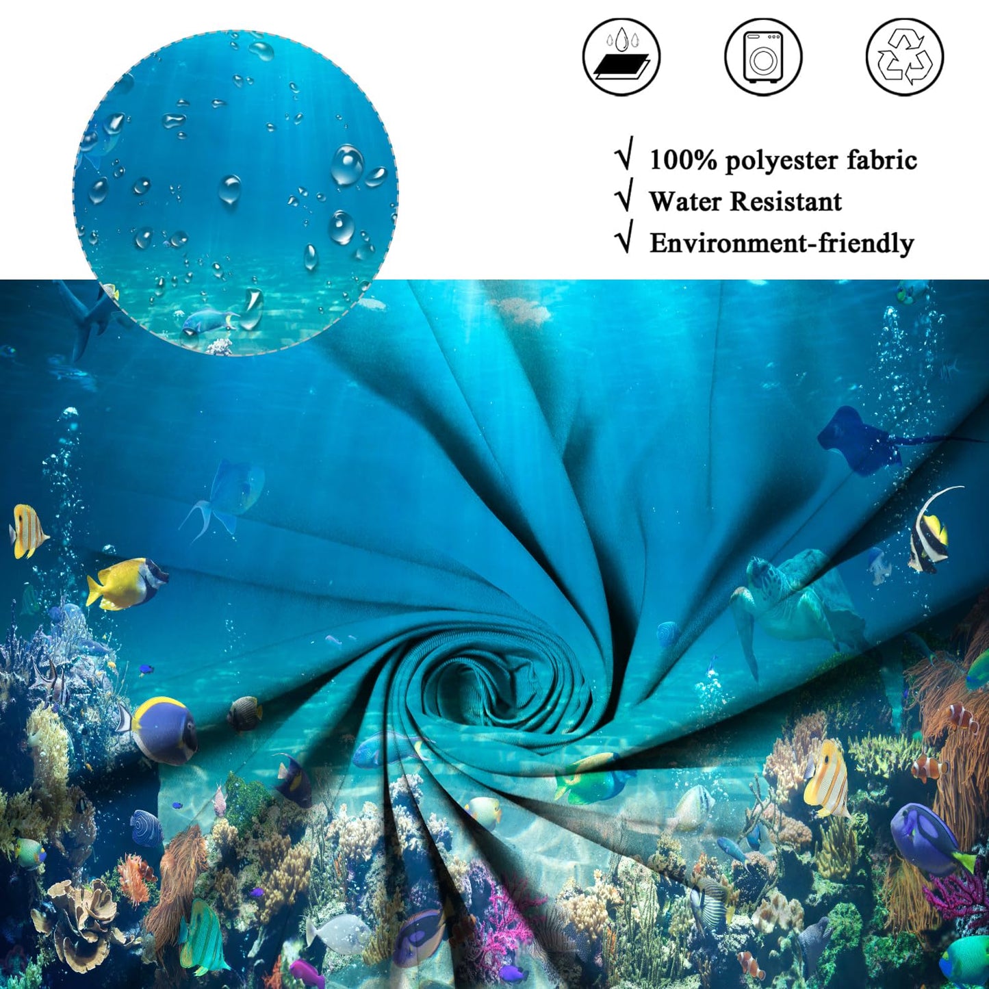 ASDCXZ Sea Floor Shower Curtain 180x200 cm, Blue Deep Sea Ocean Colorful Underwater World Shark Turtle Fish Washable Shower Curtains Polyester