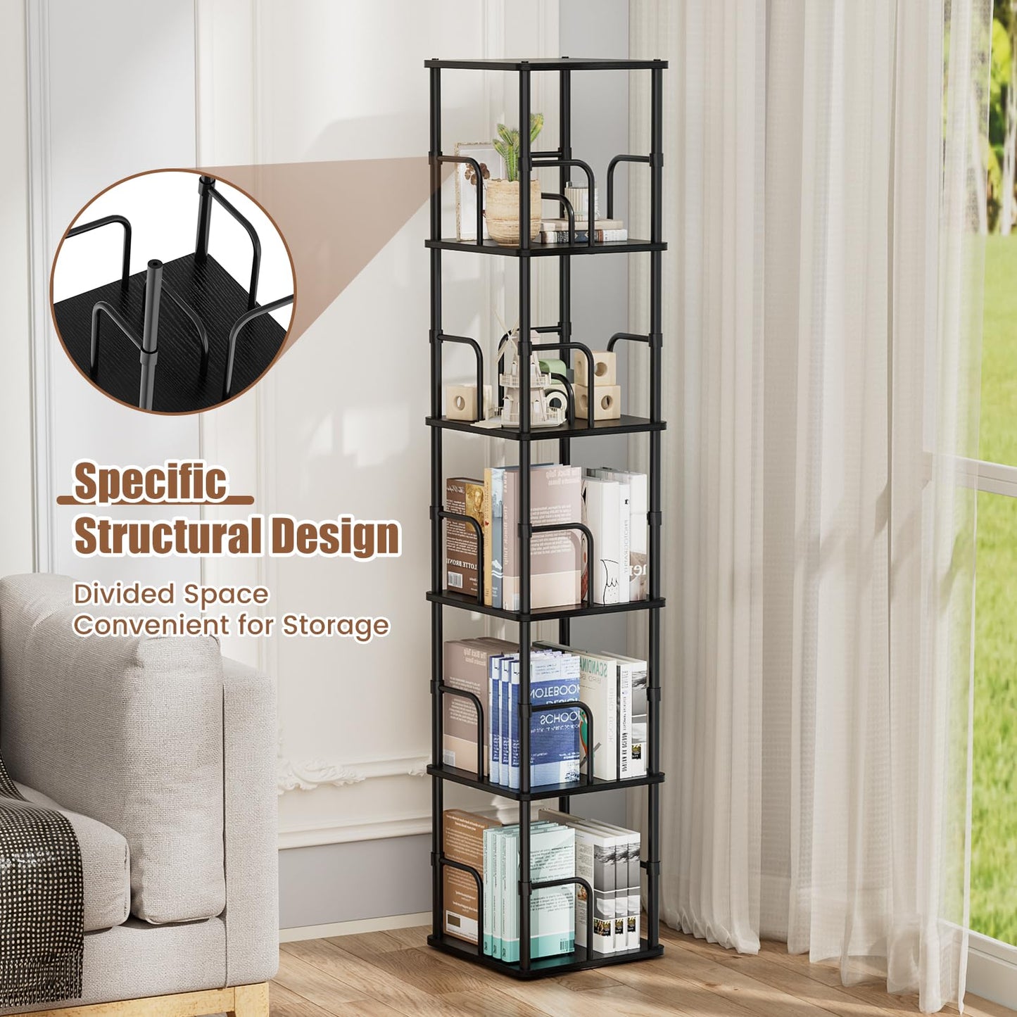5 Tier Square Rotating Bookshelf, 360° Corner Bookshelf Tower, Small Size Revolving Bookcase with Adjustable Levels