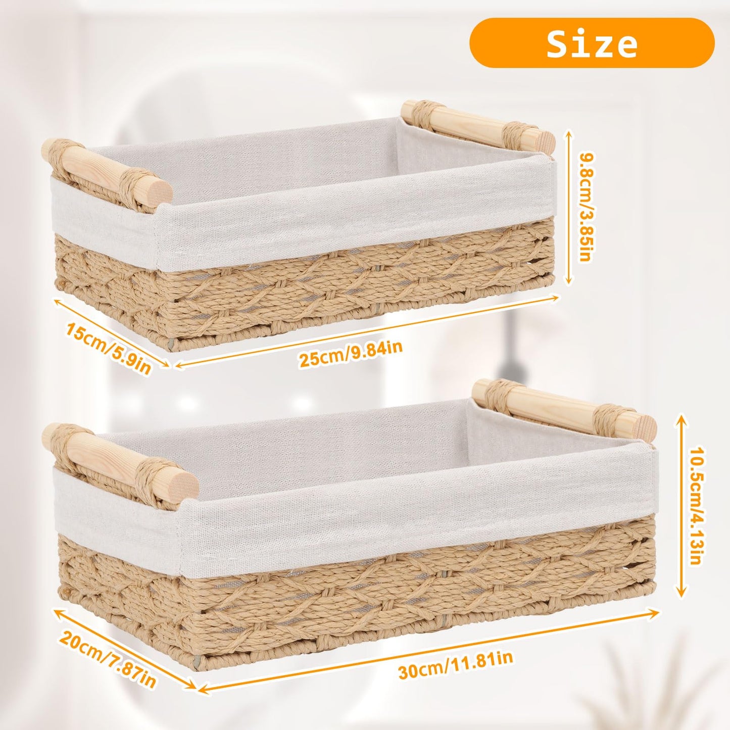 2 Pack Storage Baskets, Storage baskets for Shelves, Storage Box Organiser, Wicker Hamper Basket, Woven Storage Baskets, Bathroom Storage Organiser