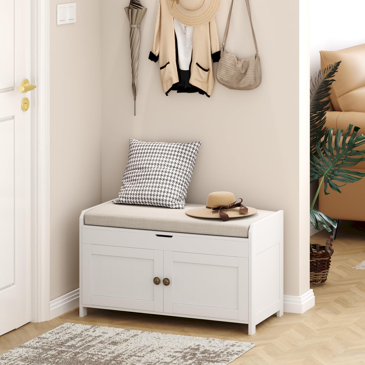 HOME BI Shoe Bench, Storage Bench with Padded Seat Cushion, Bench with 2-Door Storage Cabinets,Shoe Cabinet for for Entry, Bedroom, Cloakroom
