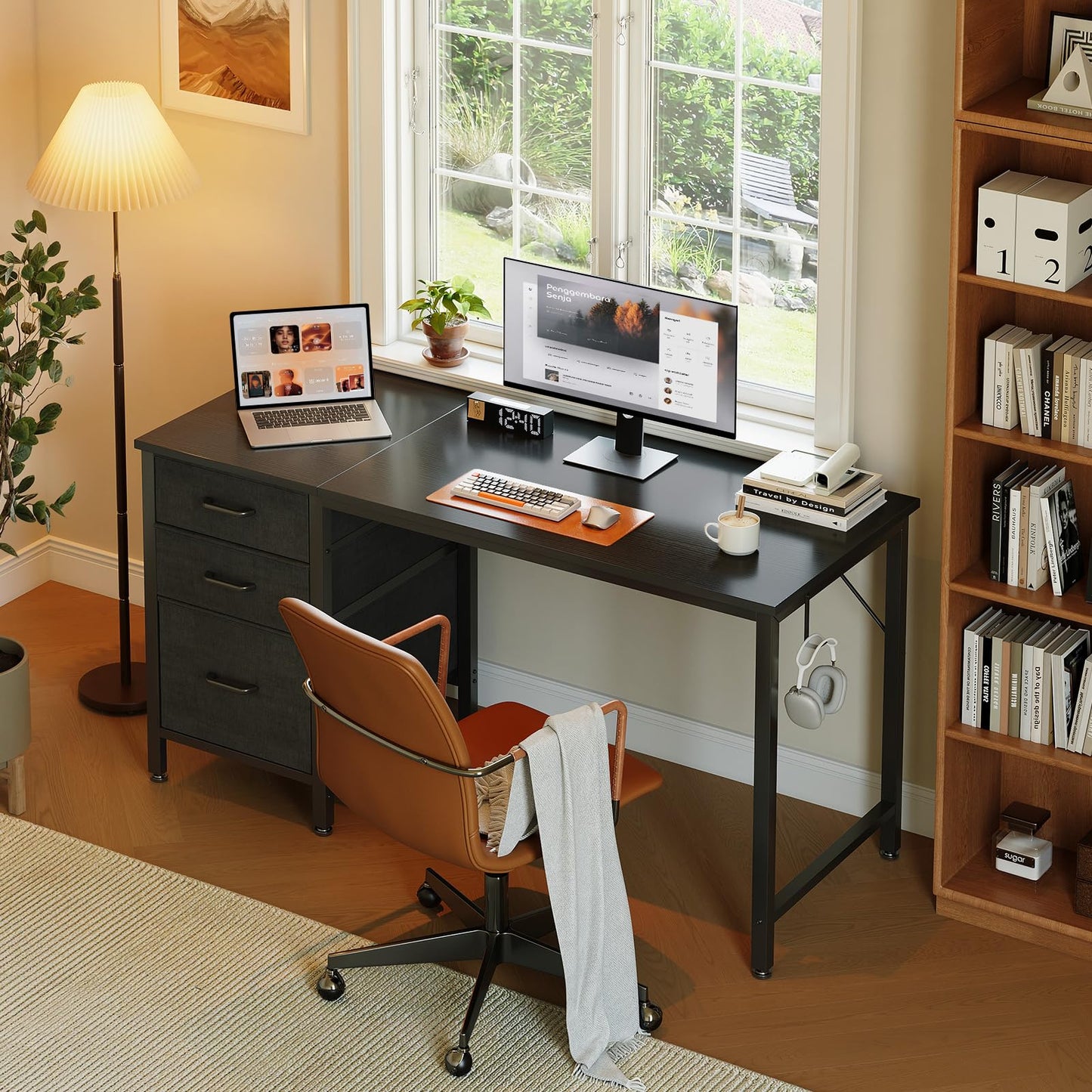 Coleshome Computer Desk with Drawers, 120cm Office Desk with Storage, Black