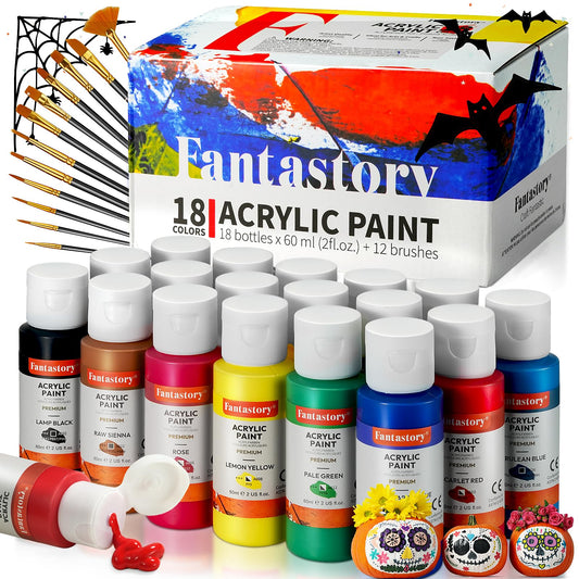 fantastory Acrylic Paint Set, 18 x 60 ml with 12 Brushes; Halloween Acrylic Paint, Waterproof; For Artwork & DIY Projects on Canvas, Wood, Glass,
