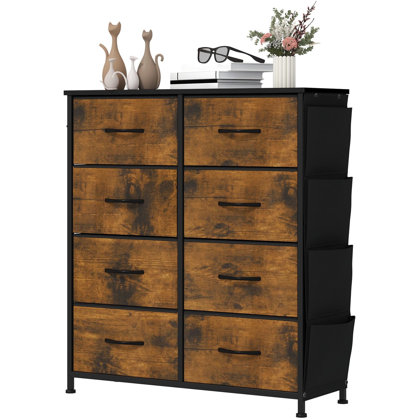 YITAHOME Chest of Drawers with 8 Drawers, Fabric Drawers Cabinet with Side Pocket&Hooks,Easy Pull Handle,Sturdy Steel Frame,Storage Drawers for