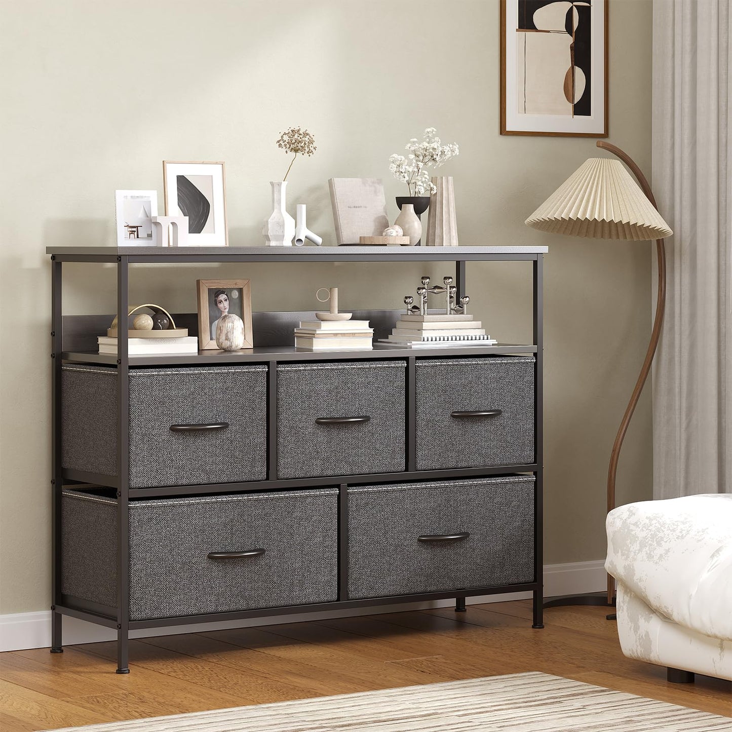 Feonase Chest of Drawers, 5 Drawers Dresser with TV Stand, Metal Frame and MDF Top Board, Adjustable Feet, Storage Unit Ideal for Bedroom