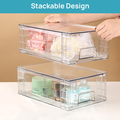 Vtopmart 4 Pack Stackable Storage Drawers,Clear Acrylic Drawer Organizers with Handles, Easily Assemble Containers for Fridge, Bathroom,Kitchen