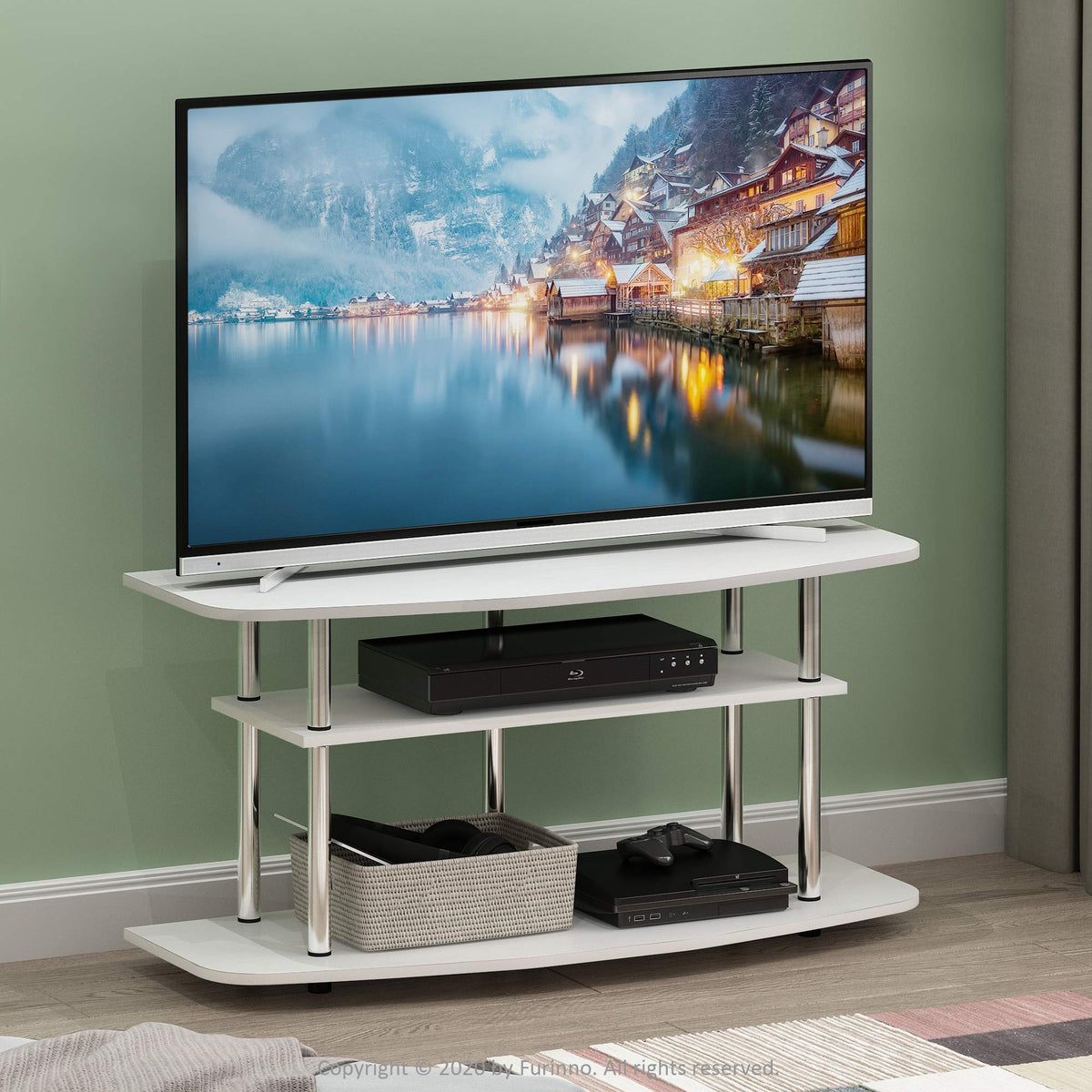 Furinno TURN-N-TUBE TV Stand, 3-Tier Entertainment Center,TV Console for TV up to 46 Inch, for Living Room, Bedroom, White Oak