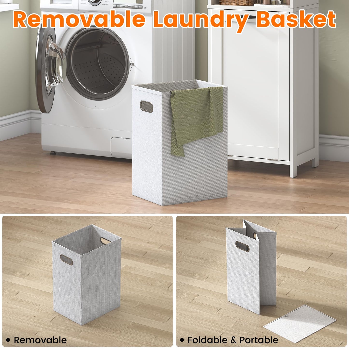 Feonase Compact Bathroom Cabinet with Detachable Laundry Hamper, Narrow Freestanding Storage Unit with 3 Open Shelves for Bathroom, Laundry Room