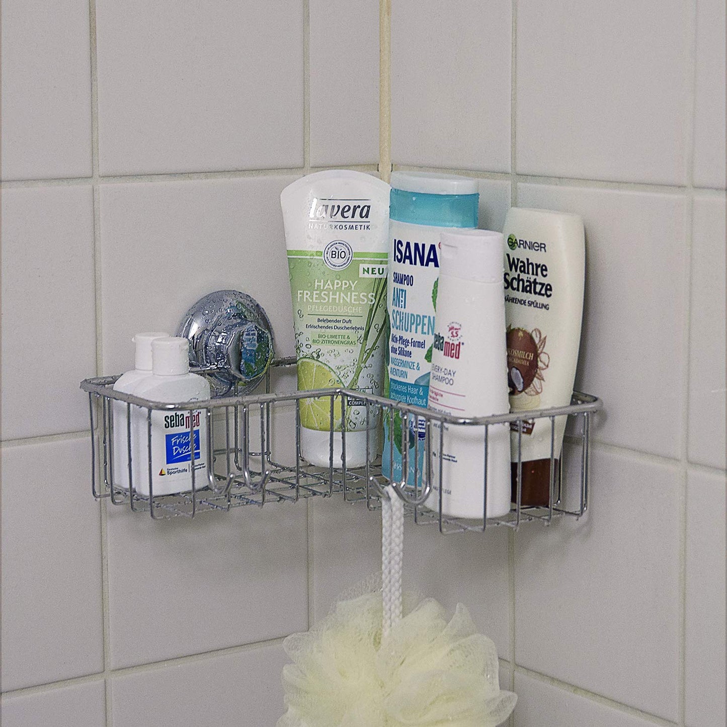 MaxHold No-Drilling/Suction Cup Deep Corner Storage Basket with 4 Hooks - Vaccum System - Stainless Steel Never Rust - for Bathroom & Kitchen