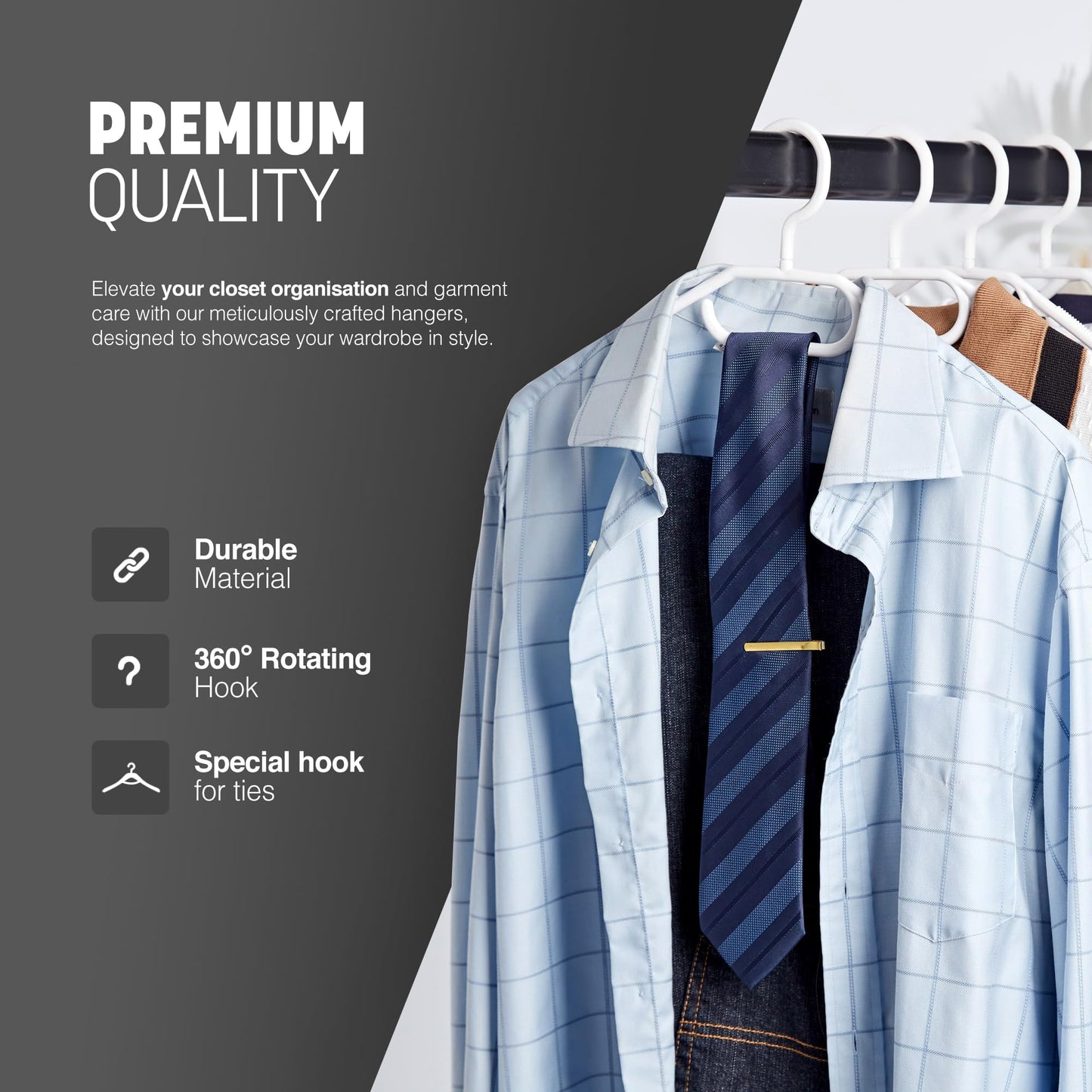 KEPLIN Space Saving White Plastic Coat Hangers - 20 Pack | Heavy Duty Swivel Hook for Clothes, Coats, Dress, Shirt, Jacket, Trouser