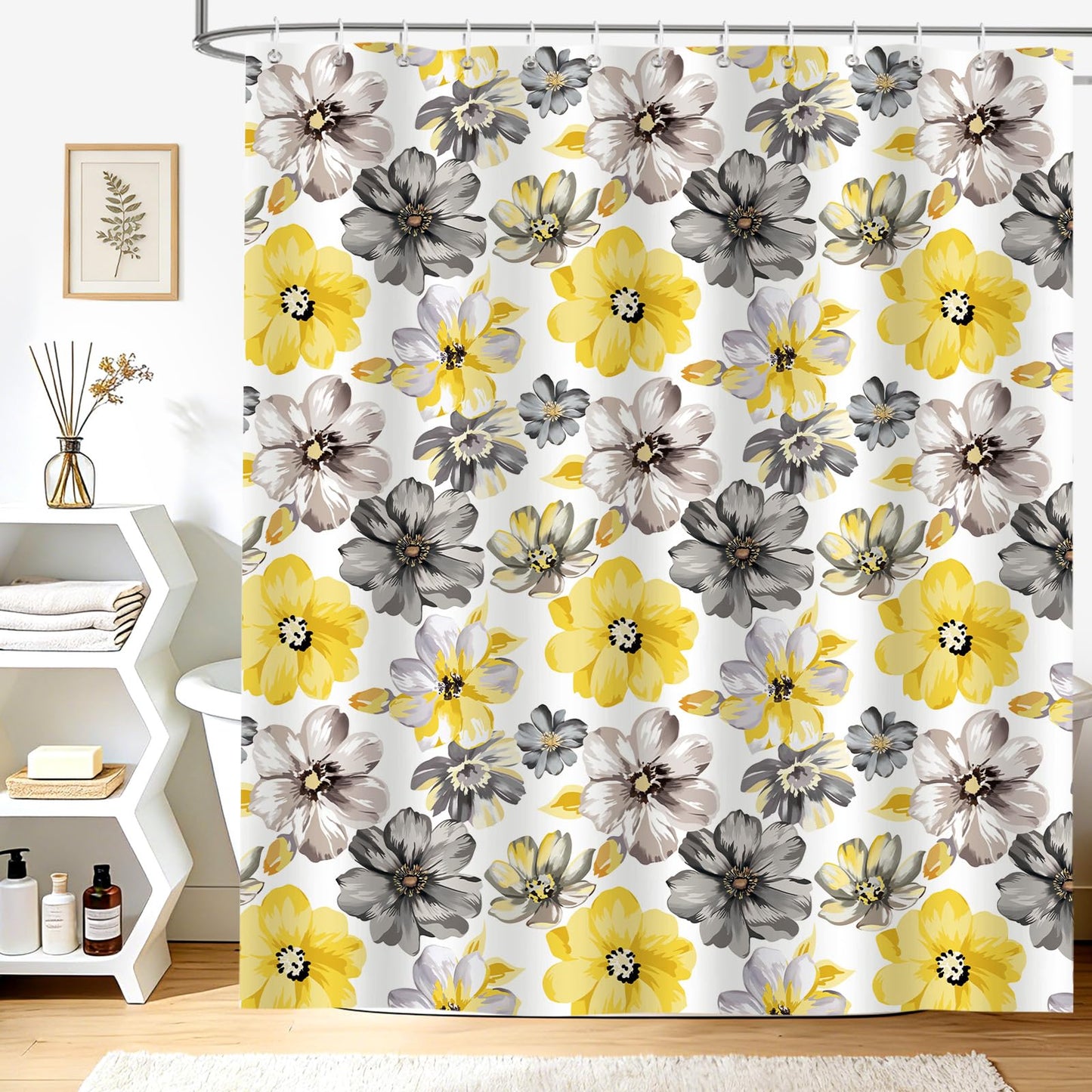 hometrixx Spring Farmhouse Floral Yellow Gray Shower Curtain 180x180cm