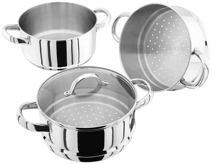 Judge Stainless Steel 3 Tier Steamer Set with 20cm 1.6L Casserole, 2 Steamers and Lid, Induction Ready, Gift Boxed - 25 Year Guarantee