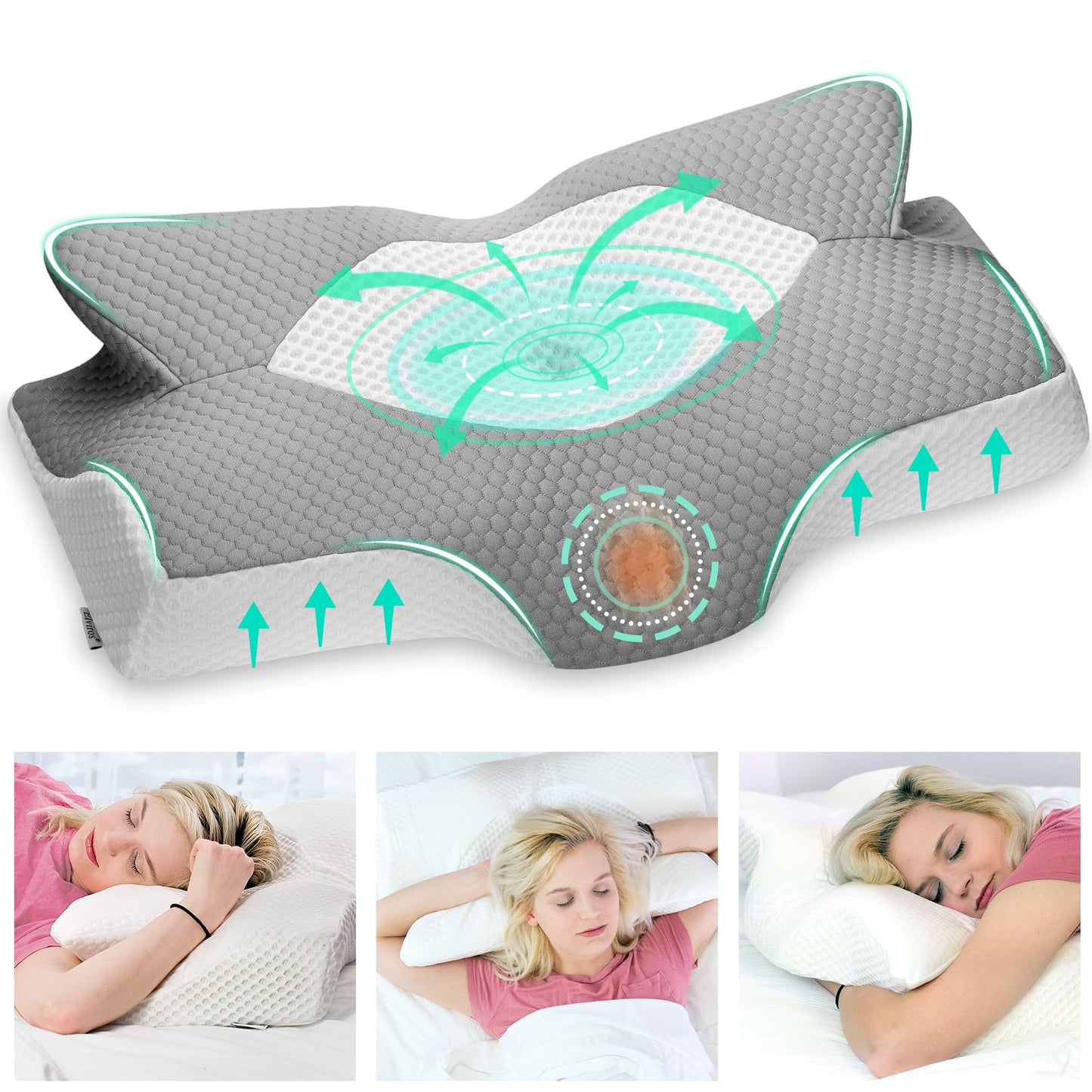 Elviros Cervical Memory Foam Pillow for Neck Pain Orthopedic Neck Pillow for Shoulder Pain Ergonomic Head Neck Support Pillow for Side/Back/Stomach