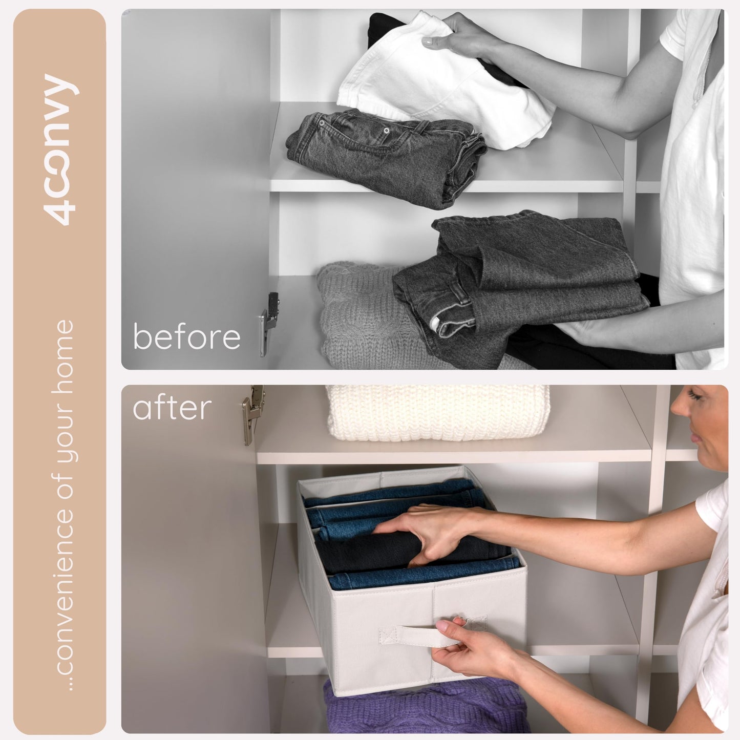 4CONVY Wardrobe Storage Organisers - Drawer Organisers for Clothes - Foldable, Stackable Organising Boxes with Compartments, Dividers and Handles
