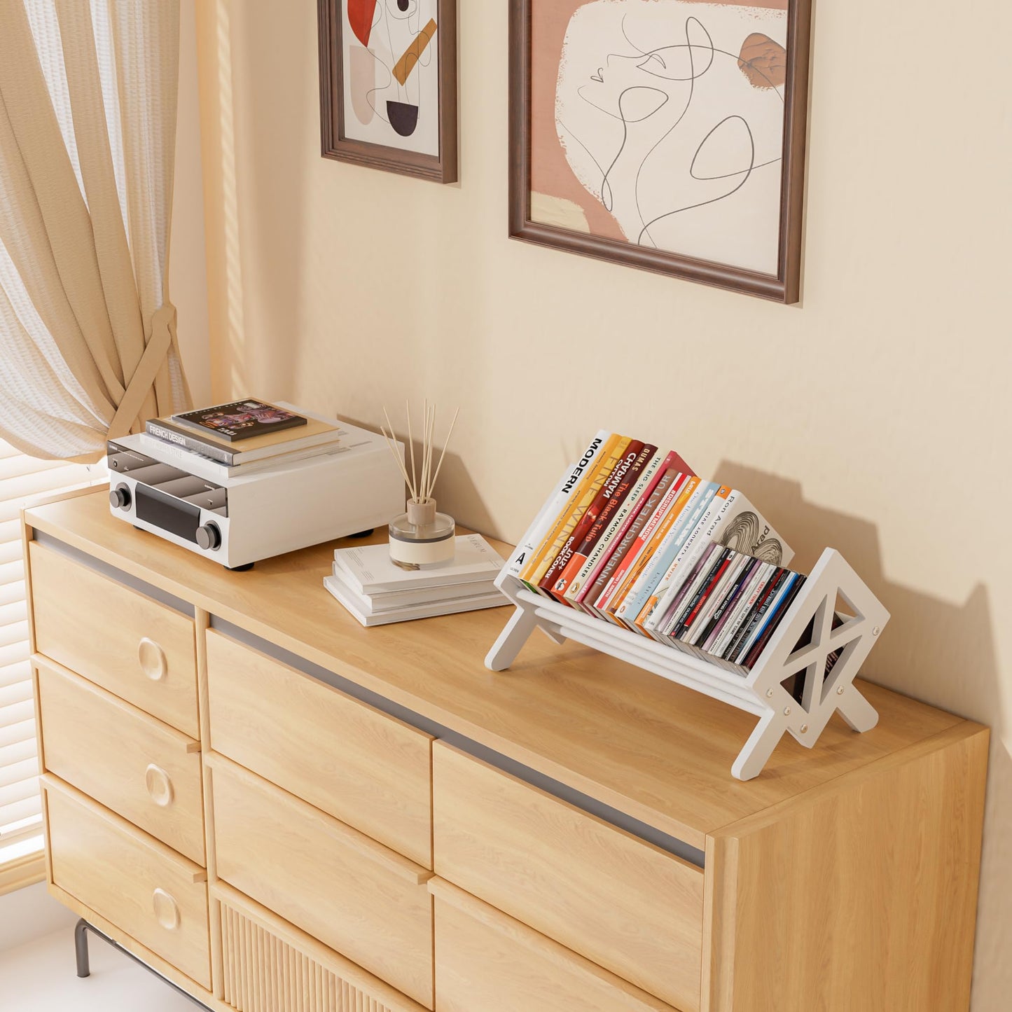 THYGIFTREE Wood Tilting Bookcase in Living Room/Home/Office, Desktop Book Shelf Organiser Bookshelves Storage Rack for CDs/Magazine/Books Display