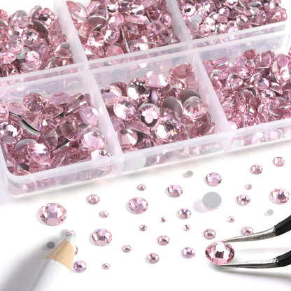 Beadsland 8300PCS Flatback Rhinestones, Pink Rhinestone Nail Gems Round Crystal Rhinestones for Crafts, Mixed 10 Sizes with Wax Pencil and Tweezer