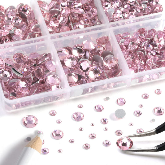 Beadsland 8300PCS Flatback Rhinestones, Pink Rhinestone Nail Gems Round Crystal Rhinestones for Crafts, Mixed 10 Sizes with Wax Pencil and Tweezer