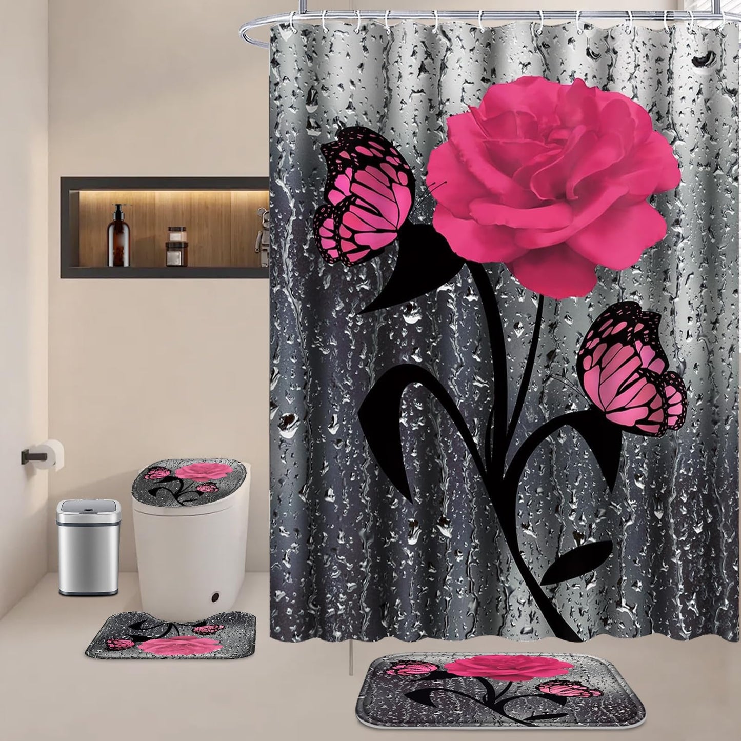 BXFUL 4 Piece Waterproof Shower Curtain Set for Bathroom-Rose-Non-Slip Bath Mat and 12 Hooks,Curtain Set with Rug,Toilet Lid Cover Bathroom