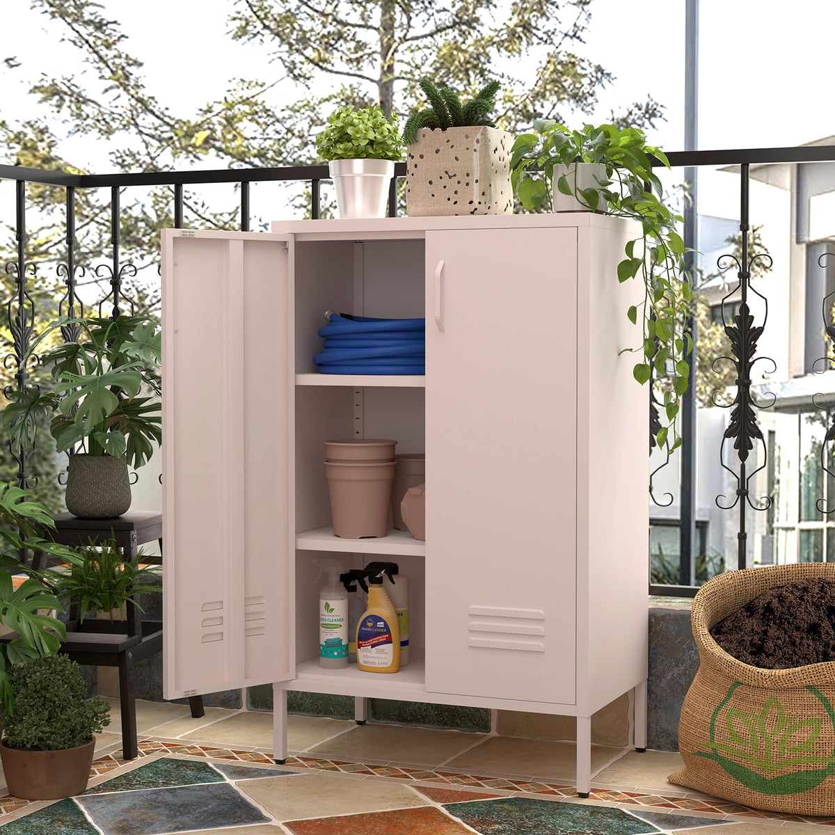 GREATMEET Metal Locker Storage Cabinet, Pink Accent Storage Cabinet, Metal Pantry with Doors for Living Room,Kitchen,Office