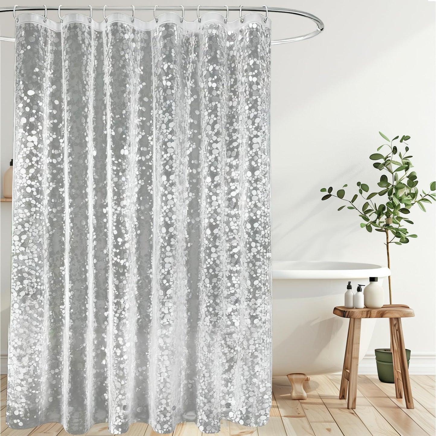 MADGININE Clear Shower Curtain, 180 x 200 cm Waterproof Shower Curtains for Bathroom, 3D Effect Pebble Waterproof Bathroom Curtain with 12 Hooks