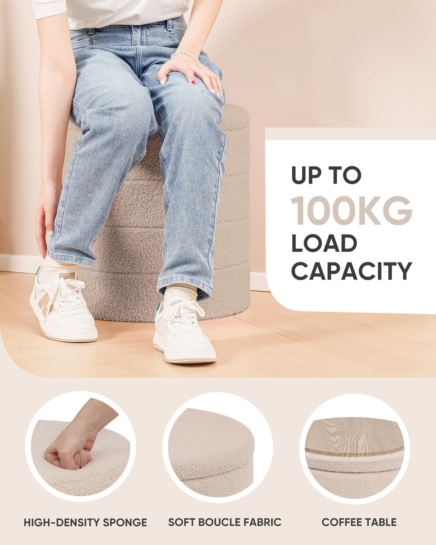 Bonlife Boucle Ottoman Storage, Foot Rest Stool Seat, Folding Footstool for Living Room, Sherpa Ottoman for Bedroom, Beige, 43x43x45 cm