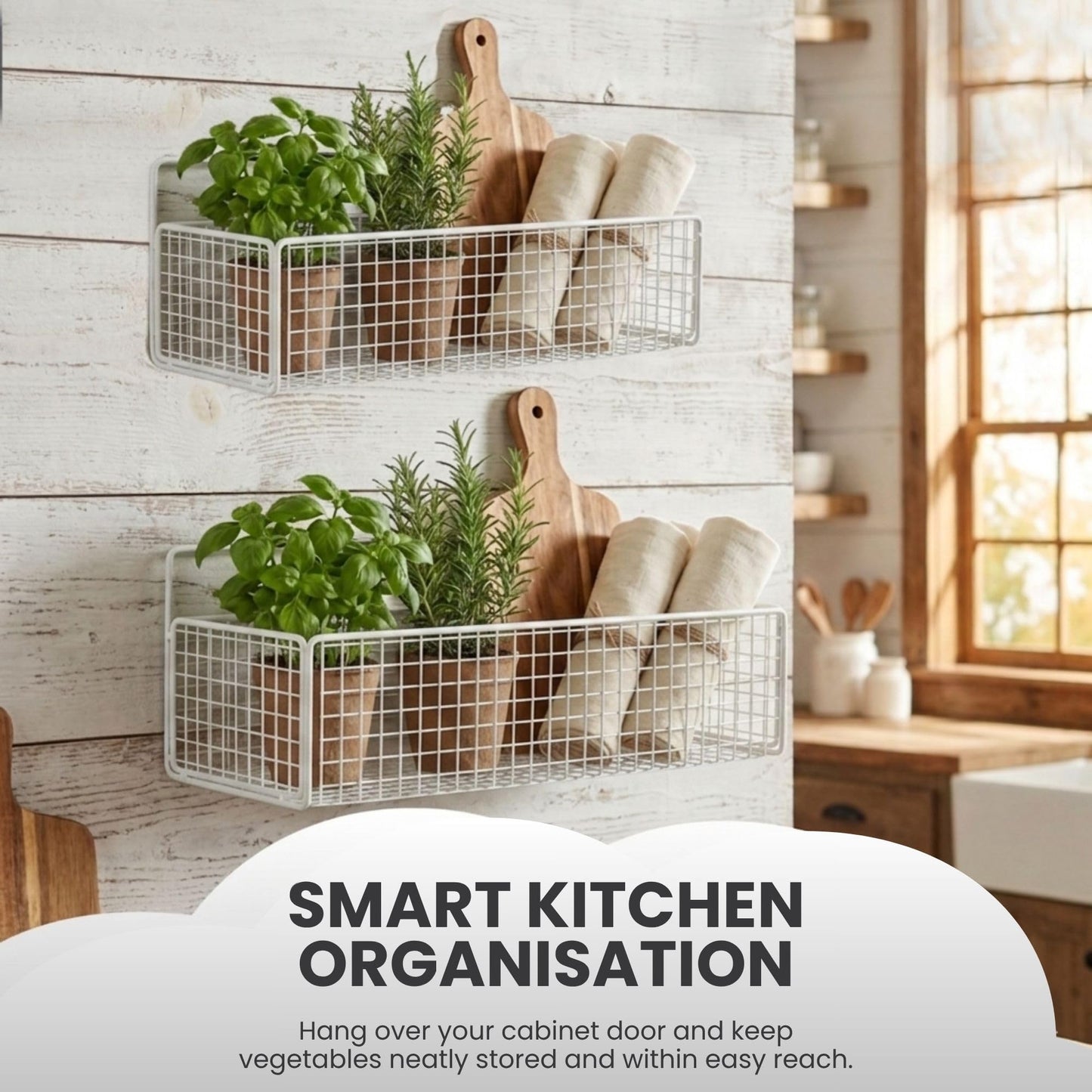 PWRco Wall Storage Basket Wire Hanging Organiser, (White, Large & Medium)