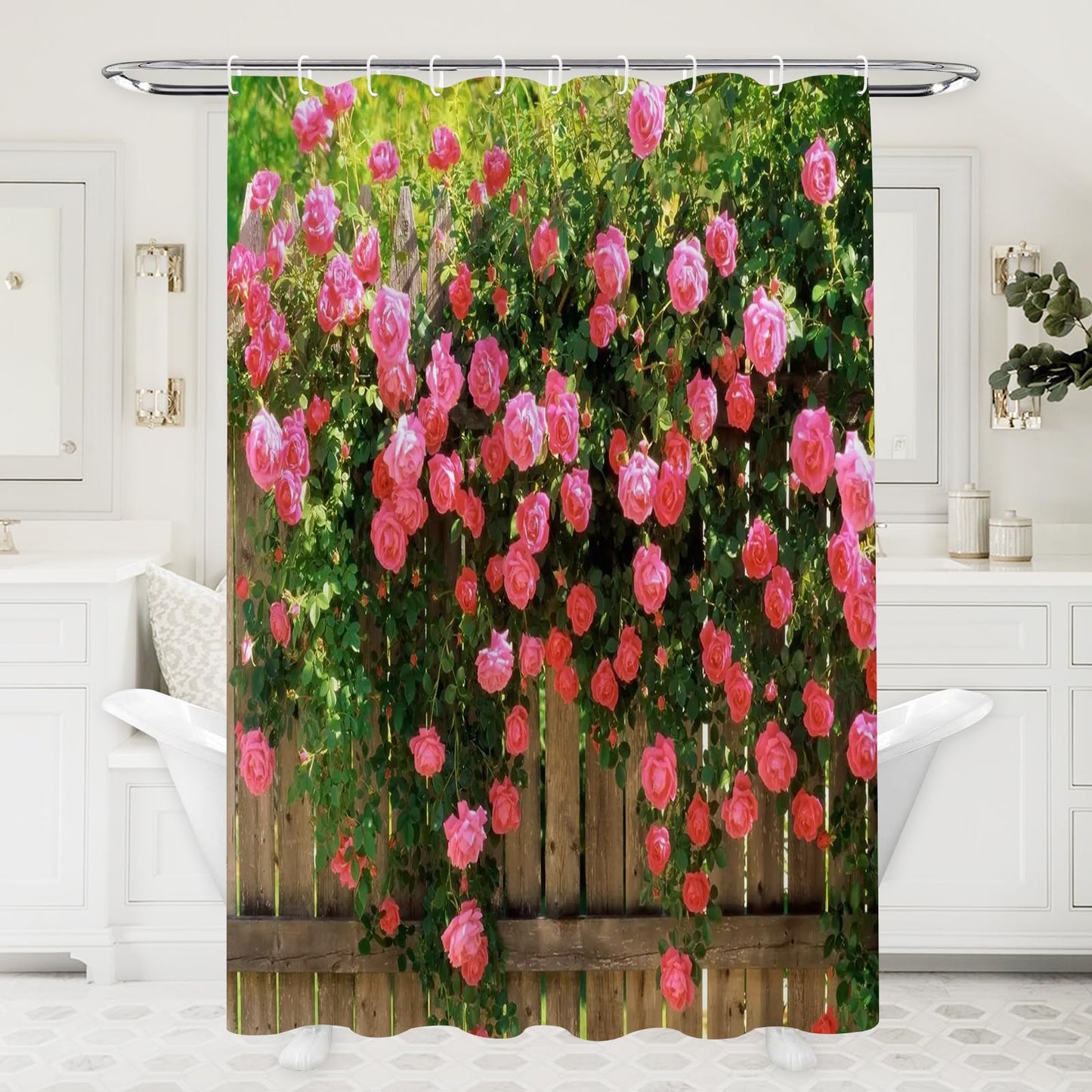 Simpomsy Outdoor Shower Curtain Garden Decor, Pink Rose Shower Curtain Green Plant Spring Garden Landscape Bathroom Curtain Waterproof Cloth Fabric