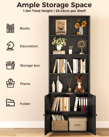IRONCK Bookcase, Bookshelf with Doors, 6 Tier Tall Book Shelf, Shelving Unit, 60x23.5x180cm Free Standing Display Shelf for Living Room, Home Office