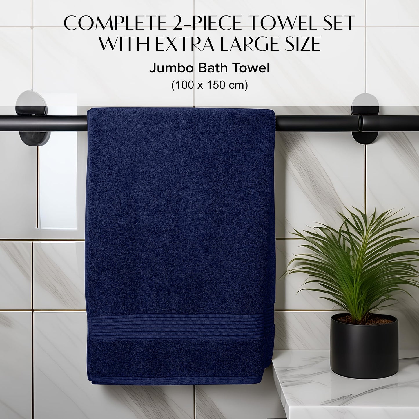 Luxury Set of 2 Jumbo Bath Sheets 100x150cm - Zero Twist 580 GSM (Navy)
