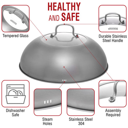 YOSUKATA Wok Lid 34.5 cm for 36 cm Wok - Premium Stainless Pan Cover - Tempered Glass Insert Steam Holes - Ergonomic Handle - Durable Asian