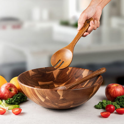 BF BILL.F SINCE 1983 Wooden Salad Bowl 30cm, Acacia Wood Salad Bowls Set, Large Salad Serving Bowl for Fruits Mixing Bowl with Servers-3-Piece Large