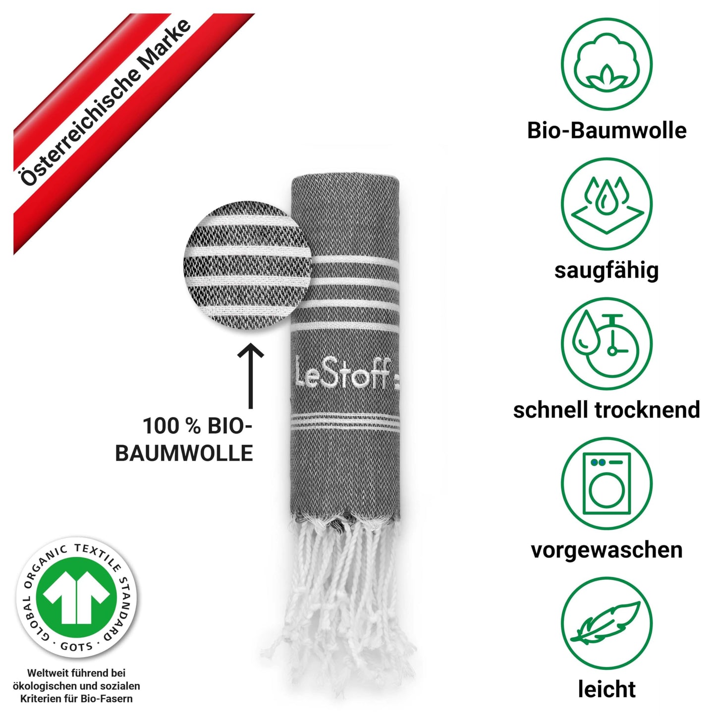 LeStoff 5 Hammam Towels/Guest Towels, Organic Cotton, 50x100, Anthracite