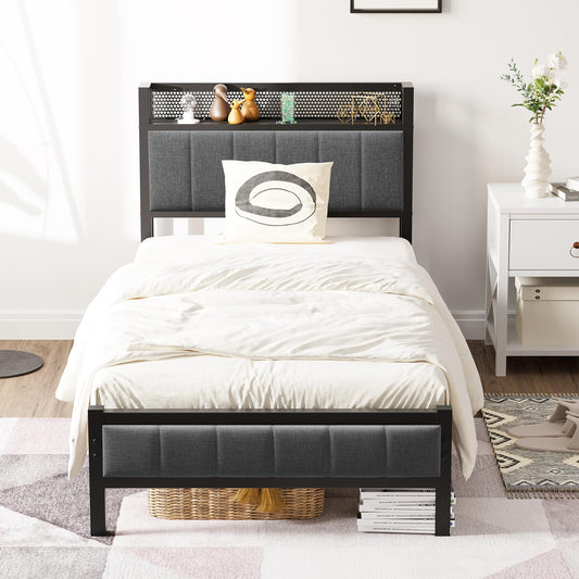 Diahomy 3ft Single Bed Frame With Storage Headboard, Upholstered Platform Bed Frame/Mattress Foundation/Metal Slat Support/No Box Spring Needed/Dark