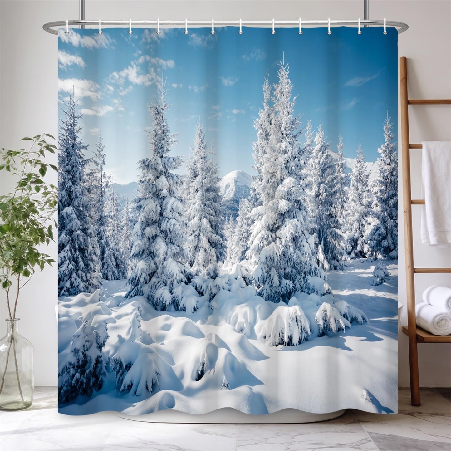 Kzzfqxb 180x200cm Shower Curtains with Plastic Hooks, Christmas New Year Rural Blue Sky Snow Covered Earth and Pine Trees Waterproof Polyester Fabric