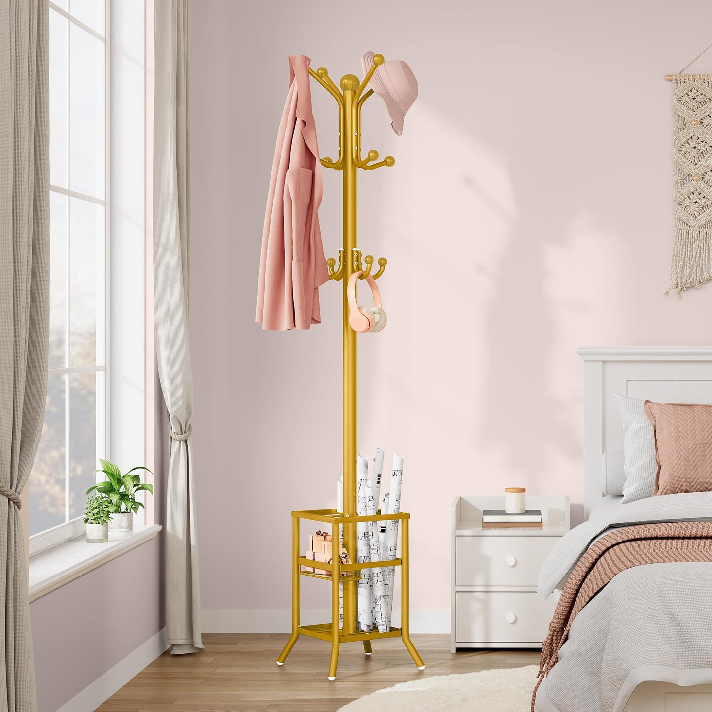 FAVOOSTY Coat Stand Coat Rack with 12 Hooks, Free standing Clothes Clothing Rack with Umbrella Holder, Hats