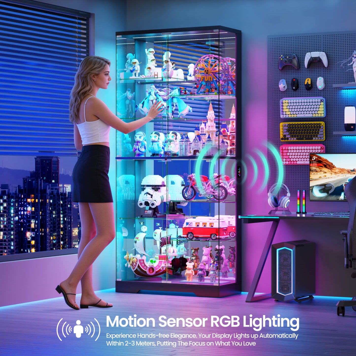 10-Tier Display Cabinets with RGB Lights Human Sensor for Collectibles
