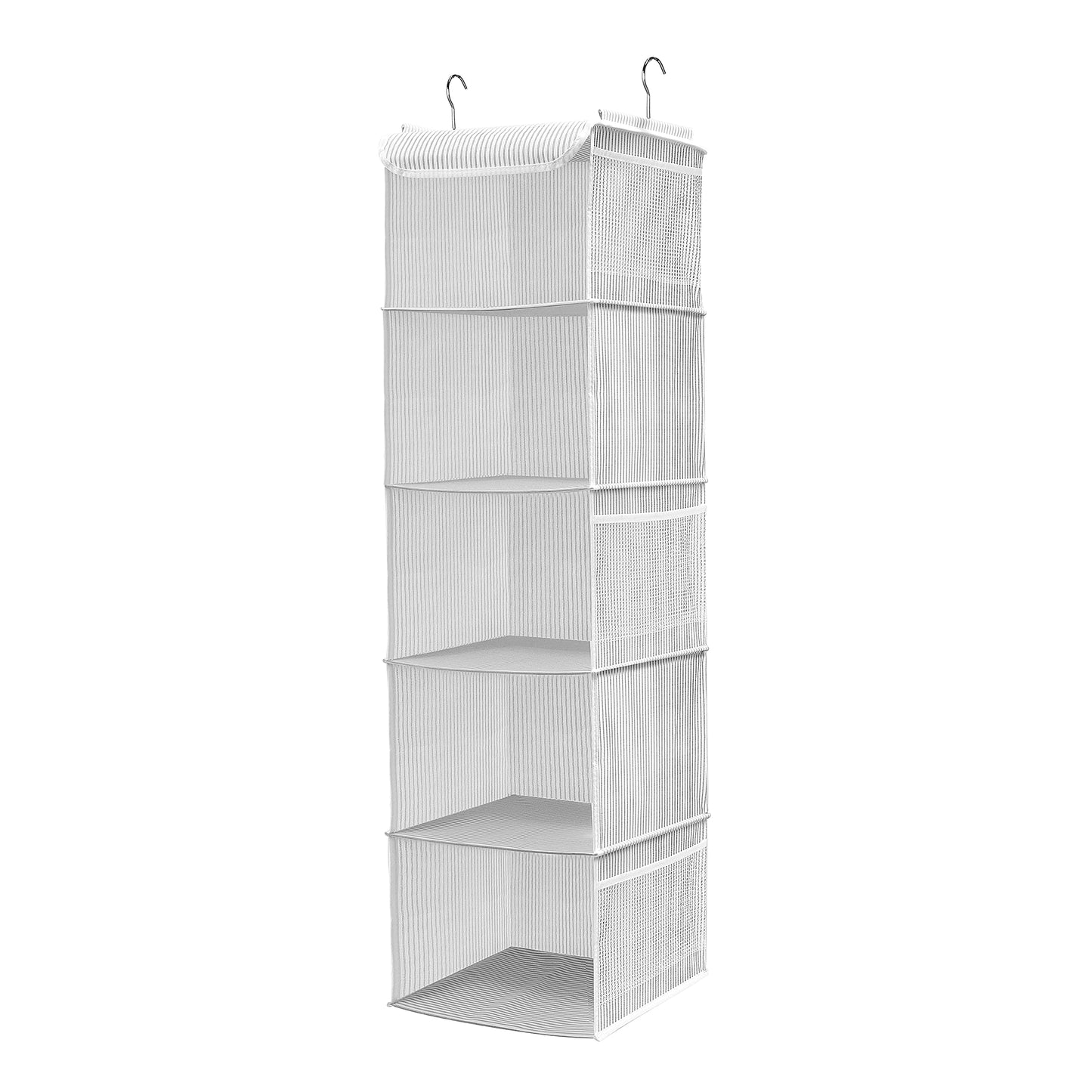 BrilliantJo Hanging Wardrobe Organiser 5 Shelves Closet Storage Hanging Shelves with 6 Side Pockets Clothes - Grey Strip(30 x 30 x 108cm)
