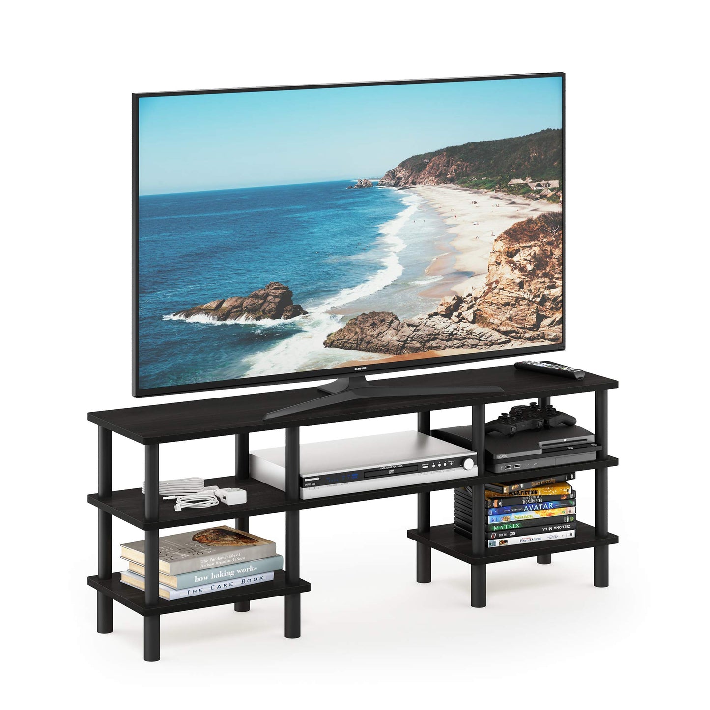 Furinno TURN-N-TUBE TV Stand, 3-Tier Multipurpose Wide Shelf Entertainment Center, TV Console for TV up to 55 Inch, for Living Room, Bedroom, Espresso