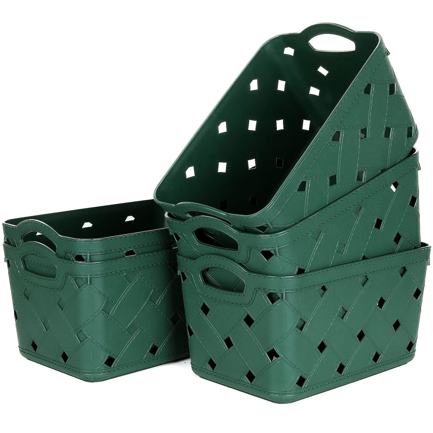 ASelected 5 Pack Plastic Woven Storage Basket With Handles, Small 24x16x14cm, Beautiful Fashionable, Skin Pattern Cross Woven, For Kitchen