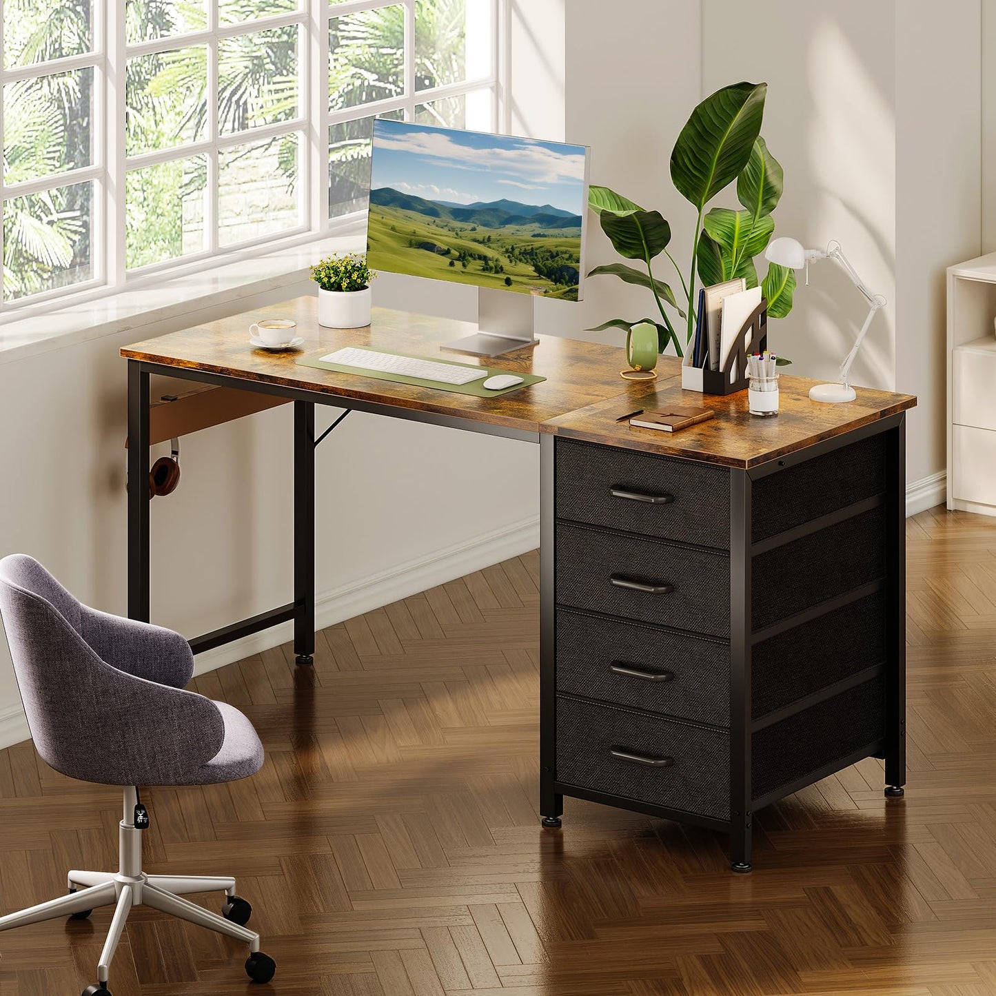 ODK Computer Desk with Drawers, Reversible Office Desk, 120 x 48 cm, Brown