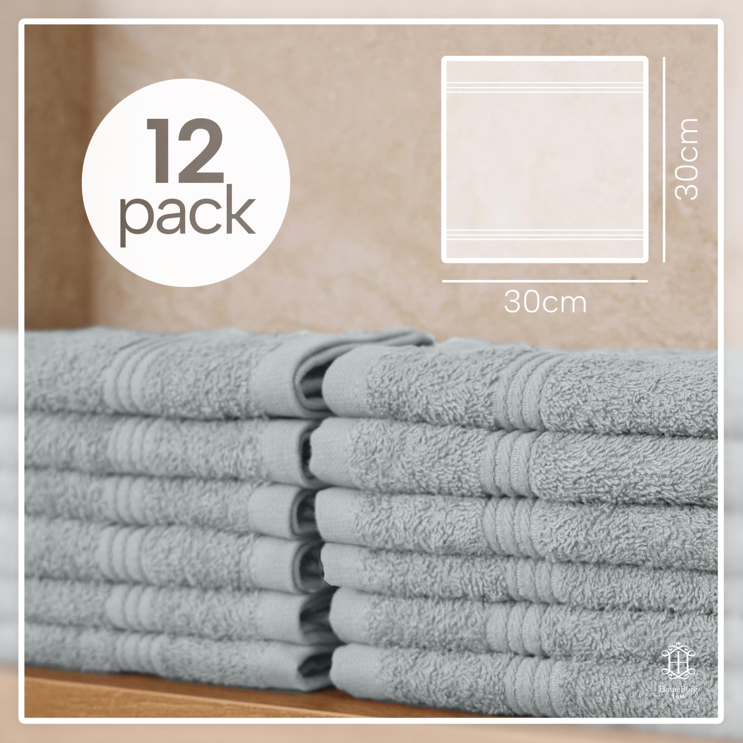 HomeBurg Luxe 12-Piece Washcloth Set - 100% Cotton, Soft & Absorbent, Easy Care, Premium Towels for Face & Daily Use, 30 x 30 cm, Ice Blue