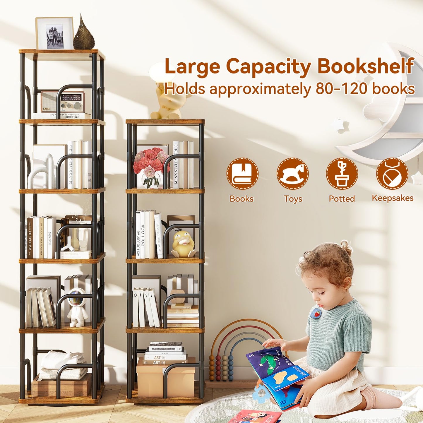 IBUYKE 5 Tier Rotating Bookshelf,Square Bookcases,Brown TBC004H
